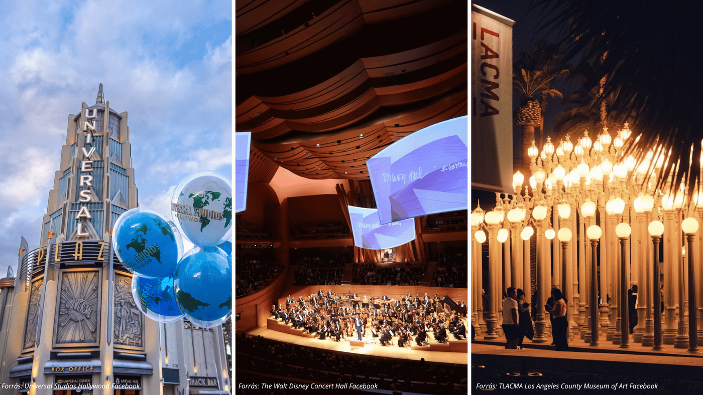 los angeles látnivalói kollázs universal studios walt disney concert hall LA county museum of art