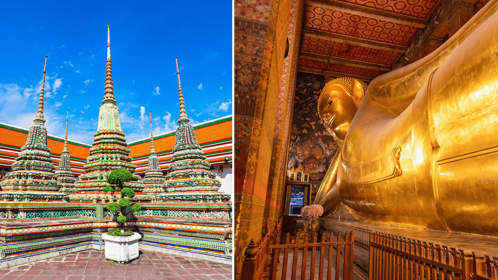 Fekvő Buddha és az épület kinti nézetből